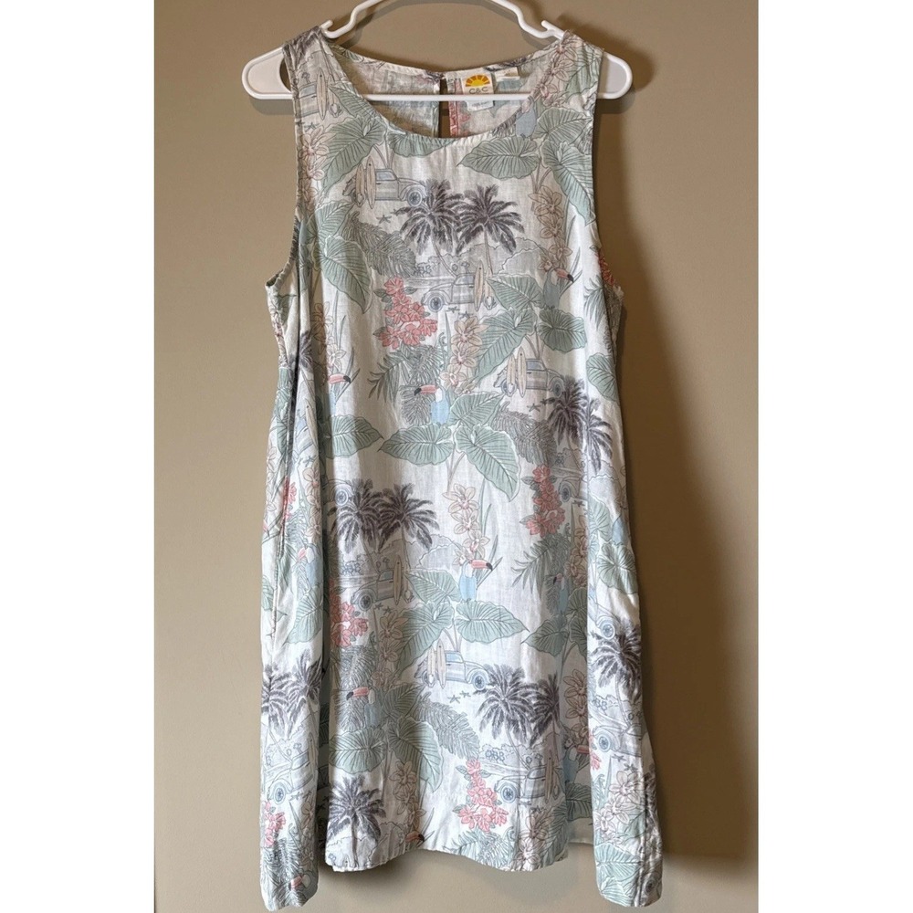 C&C California 100% Linen Tropical Print Shift Dress L Resortwear Summer Beach